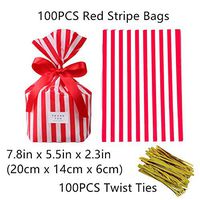 Red Stripe Clear Cello Candy Favor Bags,Cellophane Cookie Treat Plastic Bags,with Gold Twist Ties, Pack of 100