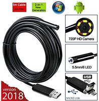 2 in 1 USB Endoscope Snake led Light Camera 5 Meter Semi-Rigid Borescope Inspection Waterproof Black