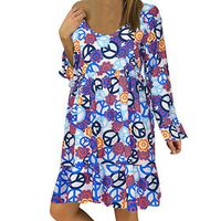 WENOVL Holiday Dresses for Women,Women's Ladies Plus Size Loose Print Long Sleeve O-Neck Mini Long Dress Dark Blue
