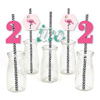 2nd Birthday Pink Flamingo - Paper Straw Decor - Tropical Second Birthday Party Striped Decorative Straws - Set of 24