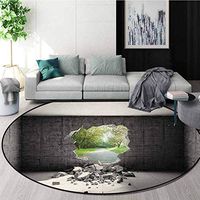 Grey Round Kids Rugs,Concrete Room With A Hole In The Wall And Exit To Freedom Escape Destruction Theme Non Skid Nursery Kids Area Rug For Bedroom Machine Washable Round-59 Inch,Grey Green