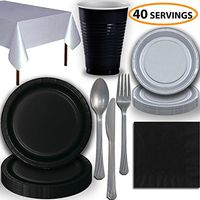 Disposable Party Supplies, Serves 40 - Black and Silver - Large and Small Paper Plates, 12 oz Plastic Cups, Heavyweight Cutlery, Napkins, and Tablecloths. Full Two-Tone Tableware Set