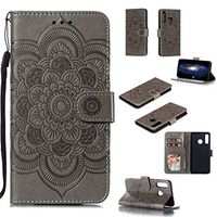 Cfrau Wallet Case with Black Stylus for Huawei P30 Lite,Beautiful Mandala Sunflower Embossed PU Leather Magnetic Flip Stand Soft Silicone Card Slots Case with Wrist Strap - Gray