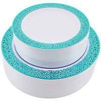 Semper-KIK 100 pieces Teal Disposable Plastic Plates- Lace Design Wedding Party Plastic Plates include 50 Plastic Dinner Plates 10.25 inch, 50 Salad/Dessert Plates 7.5 inch (Teal Lace Plates)