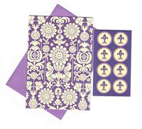 Floral Themed Set of 8 Blank Notecards ~ Flower Damask Scroll on Violet (3.75" x 5.25"; Violet Envelopes with 8 Damask Seals)