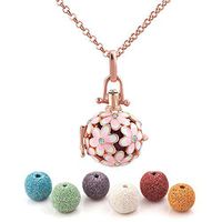 Third Time Charm Natural Lava Rock Stone Pink Flower Aromatherapy Essential Oil Diffuser Necklace Locket Pendant With 6 Lava Beads (Rose Gold Plated)