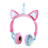 LOBKIN Unicorn Kids Cat Ear Headphones LED Light Up Earphone Wired Adjustable for Boys Girls Back to School Supplies, Kids Headband Earphone Foldable Over On Ear Game Headset for Toddlers