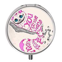 Lingerin Pill Case, Round Stainless Drug Organizer Box, 3 Compartment Compact Medication Kit for Travel Purse Pocket - [Pink Cheshire Cat]