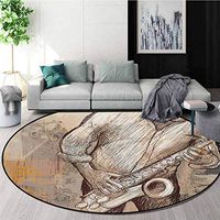 RUGSMAT Music Washable Creative Modern Round Rug,Jazz Musician Playing The Saxophone Solo in The Street On Grunge Background Art Print Coffee Table Mat Non-Skid Living Room Carpet,Round-63 Inch