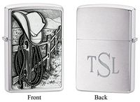 Personalized Zippo Cowboy Emblem Brushed Chrome Lighter with Free Roman Monogram