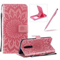 Wallet Case for OnePlus 7 Pro,Strap Flip Case for OnePlus 7 Pro,Herzzer Retro Elegant [Pink Mandala Flower Pattern] Stand Magnetic Leather Case with Soft TPU