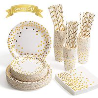 250 Pieces Gold Party Supplies, Gold Dot Paper Plates and Napkins Cups Straws Sets Serves 50, for Birthday Parties, Wedding Shower, Engagement, Bridal Shower