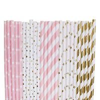 Twinkle Twinkle Little Star Paper Straws (light pink with white star,gold foil small star,light pink stripe,gold foil star,gold foil stripe, 25)