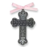 Bless The Child - GUARDIAN ANGEL Baby GIRL Crib Cross 4" PEWTER Medal - CHRISTENING - BABY SHOWER GIFT Baptism KEEPSAKE with PINK RIBBON GIFT BOXED (Original Version)