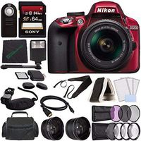 Nikon D3300 DSLR Camera with 18-55mm AF-P DX Lens (Red) + 64GB SDXC Card + Remote + Flash + Cleaning Cloth Bundle 2
