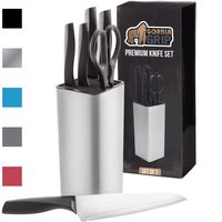 Gorilla Grip Original Premium Knife Block 7 Piece Set, Stainless Steel Blades, Includes Durable Kitchen Knives, Scissors and Stylish Block, Cutlery for Home Chef and Professional Cutting Needs, Silver