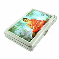 Cigarette Case with Built in Lighter Vintage Buddha S2 Smoking King Size Cigarettes Silver Metal Wallet 4" X 2.75" RFID Protection Religious