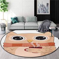 RUGSMAT Modern Super Soft Circle Rugs for Girls,Cute Owl with A Cup of Coffee and Scarf Student Midterms Humor Illustration Baby Room Decor Round Carpets,Round-59 Inch Cinnamon Sand Brown