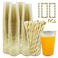 100 gold glitter plastic cups- 12 oz with bonus straws in a candy stripe pattern for weddings and disposable