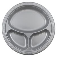 JAM PAPER Plastic 3 Compartment Divided Plates - Large - 10 1/4 inch - Silver - 20/Pack