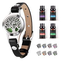 Aromatherapy Essential Oil Diffuser Bracelet - Birthday + Mother's Day Gift Stainless Steel Locket Black Leather Band Jewelry (Lavender, Peppermint, Eucalyptus, Bergamot) ，Gift for Girls/Women