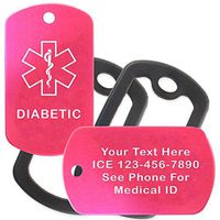 Custom 2 Pack - Diabetic Medical Alert ID Necklaces with Pink Hot Custom Tags, Black Silencers, and 30'' USA Chains
