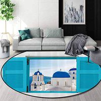 RUGSMAT House Decor Small Round Rug Carpet,Window with View of Classical Building with Blue Domes Oia Santorini Greece Door Mat Indoors Bathroom Mats Non Slip,Round-47 Inch