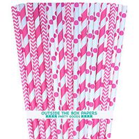 Paper Straws - Pink White - Stripe Chevron Polka Dot - 7.75 Inches - 100 Pack - Outside the Box Papers Brand