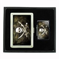 Vintage Pirate Ship S7 Silver Cigarette Case/Wallet and Flip Top Oil Lighter Gift Set Retro High Seas