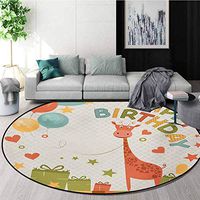 RUGSMAT Kids Birthday Carpet Gray Round Area Rug,Old Cartoon Giraffe with Box Balloons Stars Celebration Image Pattern Floor Seat Pad Home Decorative Indoor,Diameter-51 Inch Green Pink and Marigold