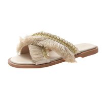 Benficial New Classic Fringed Pearl Slippers Summer Outdoor Fashion Sandals Women Shoes Beige