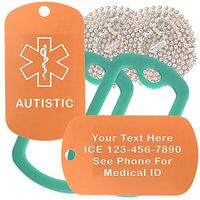 Custom 2 Pack - Autistic Medical Alert ID Necklaces with Copper Custom Tags, Green Dark Silencers, and 30'' USA Chains