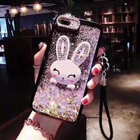 Cfrau Cartoon Rabbit Stand Case with Black Stylus for Huawei P30,Luxury Cute Bunny Design Pink Glitter Stars Liquid Soft Bumper Diamond Sparkle Case for Girls Women with Hand Strap