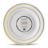 [20 Count - 6 Inch Plates] Laura Stein Designer Tableware Premium Heavyweight Plastic White Dessert Plates With Gold Border, Party & Wedding Plate, Classic Series, Disposable Dishes