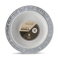 [40 Count - 12 Oz Bowls] Laura Stein Designer Tableware Premium Heavyweight Plastic White Soup Bowl With Silver Designed Border, Party & Wedding Plate Serviette Series Disposable Dishes