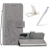 Grey Leather Case for Huawei Honor 20 Pro,Strap Wallet Flip Cover for Huawei Honor 20 Pro,Herzzer Classic Pretty Four Leaf Clover Print Magnetic Card Slots Stand Folio Case with Soft TPU