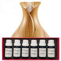 Essential Oil and Diffuser Gift Set - 400 ml Vase Style Diffuser and a 6 piece 10 ml Gift Box of 100% Pure Essential OIls (White Label, 400 ml Light Wood)