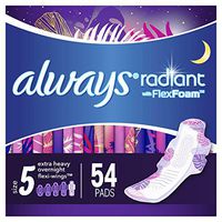 Always Radiant Feminine Pads for Women, Size 5, 54 Count, Extra Heavy Overnight, with Wings, Scented (18 Count, Pack of 3 - 54 Count Total)