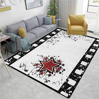 Movie Theater Moiré Kids Carpet Playmat Rug, Grungy Illustration of Film Strip with Ornamental Stars Cinematography, Easy Maintenance Area Rug Living Room Bedroom Carpet(6'x 9') Black White Ruby