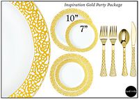 Royalty Settings Inspiration Collection Party Package Lace Plastic Plates for Weddings for 40 Persons, Includes 40 Dinner Plates, 40 Salad Plates, 80 Forks, 40 Spoons, 40 Knives, White with Gold Rim