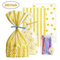UUSHER Treat Bags with Ties, Gold Candy Favor Bags with 100 4 Inches Twist Ties Pretty Wrappings for Shower Birthday Wedding Gift Giving (Gold Striped and Polka Dot)
