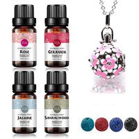 RAINBOW ABBY 4-Bottle Essential Oil Necklace Set with 4 Aroma Spread Stones, (Rose Geranium Jasmine Sandalwood) Pink Pendent 31.5" Sliver Chain