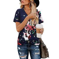 Meikosks Women's Leopard Floral Printed Blouses V Neck Short Sleeve Tops Summer T Shirt Red