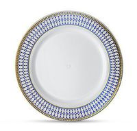 [10 Count - 7" Plates] Laura Stein Designer Tableware Premium Heavyweight Plastic White Appetizer Plate With Blue & Gold Border Plastic Party & Wedding Plate Midnight Blue Series Disposable Dishes