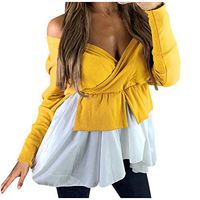 HIRIRI Womens Warp V Neck Front Off Shoulder Irregular Hem Soft Tunic Blouse Patchwork Sweater Pullovers Yellow