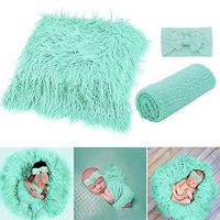 Newborn Photo Props, Fascigirl 3PCS Toddler Photo Blankets Wrap and Headband Long Hair Photography Wrap Shaggy Area Rug Photo Prop Multi-Purpose Swaddle Wrap Photography Mat (Mint Green)