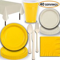Disposable Party Supplies, Serves 40 - Yellow and Cream - Large and Small Paper Plates, 12 oz Plastic Cups, Heavyweight Cutlery, Napkins, and Tablecloths. Full Two-Tone Tableware Set
