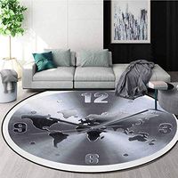 RUGSMAT Clock Machine Washable Round Bath Mat,A Silver Clock Pattern with A World Map Checking The Time Hour and Minute Hand Print Non-Slip No-Shedding Bedroom Soft Floor Mat,Round-71 Inch