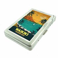 Waikiki Hawaii Em1 Hip Silver Cigarette Case With Built In Lighter 4.75" X 2.75" Id Holder Metal Wallet RFID Protection