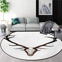 RUGSMAT Antlers Machine Washable Round Bath Mat,Bones Mounted On A Wooden Plate Prize Skull Print Non-Slip No-Shedding Bedroom Soft Floor Mat,Round-51 Inch Brown Pale Grey